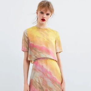 NWT ZARA CROP SATIN YELLOW PINK TIE DYE TOP BLOUSE M